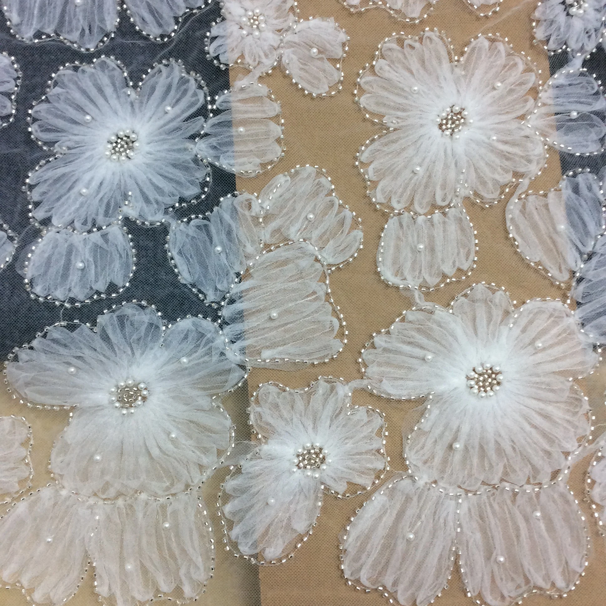 Luxury Off White Wedding Dress Lace Fabric 3D Flowers Beading Fabric Pan Flower Lace Bridal Dress Gown Sewing Material