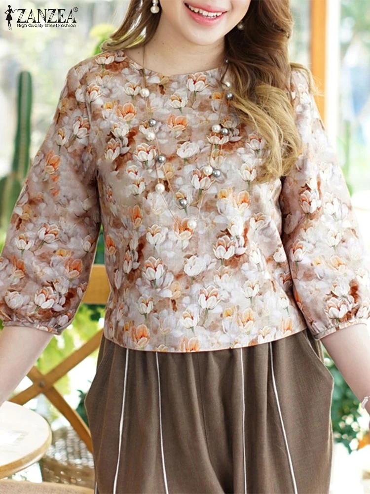 

Casual OL Work Blouse Women Tops 2025 ZANZEA Vintage Pinted Blusas Fashion 3/4 Sleeve O Neck Tunics Ovesized Loose Pullover