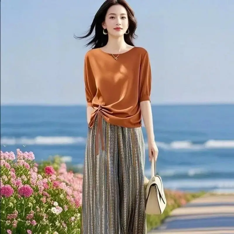 Summer Pant Sets Fashion 2PCS Outfits Women Short Sleeve t-shirt  Trousers Suits Bohemian style Sets
