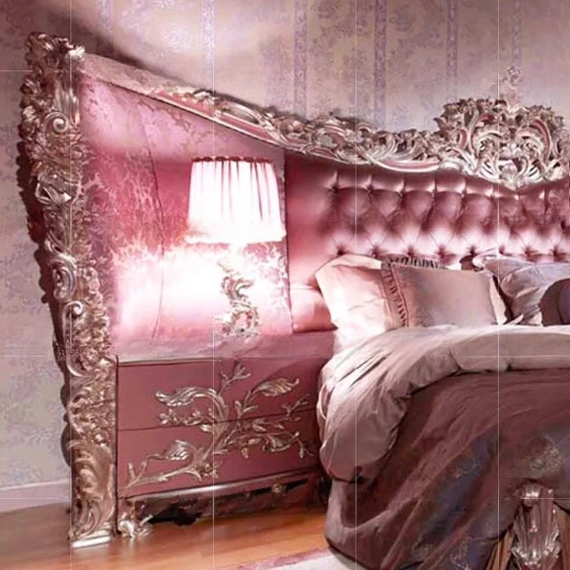 Italian fabric embroidery double bed, French court luxury, pink wedding bed 1.8 meters, villa bedroom princess bed