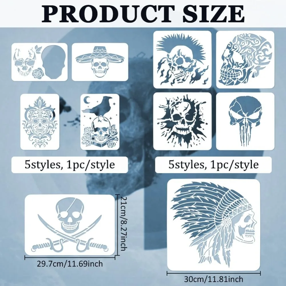 10 Pcs Skull Spraying Stencils 8.3x11.7