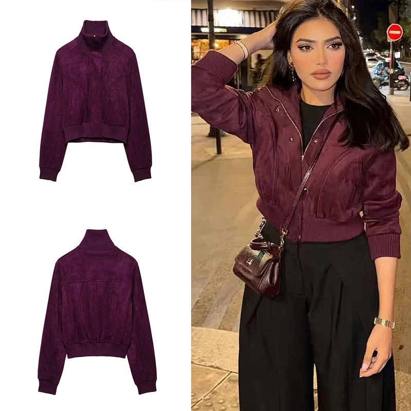 Guobioziy 2026 Spring Autumn Women Ribbed High Collar Cropped Jacket Zip Front Stereo Pockets Rib Cuffs Hem Casual Outer Coat