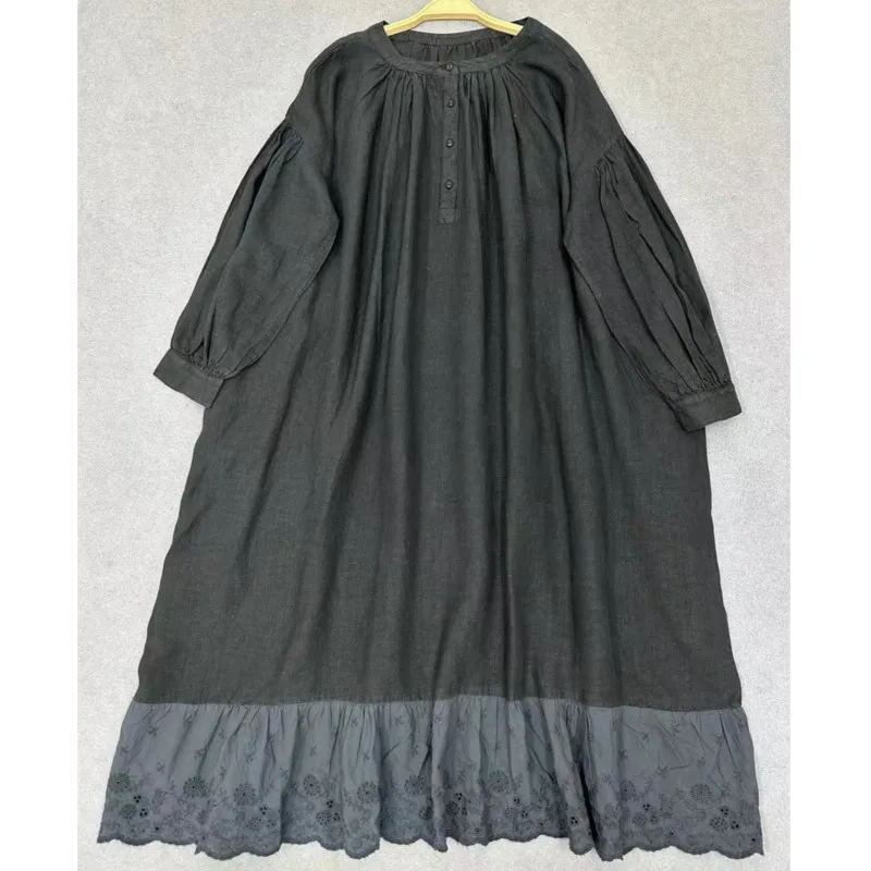 Johnature retro preguiçoso estilo em camadas vestido de linho para mulher novo solto em torno do pescoço vestido longo para o outono 2025