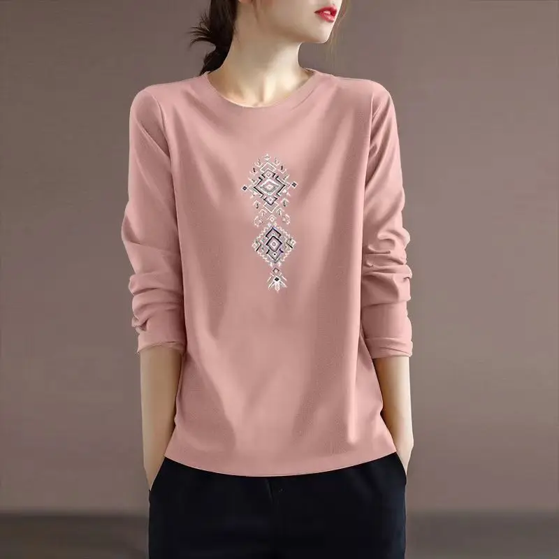 Spring Autumn Round Neck Women\'s Clothing Geometric Printing Long Sleeve Undershirt T-shirt Comfortable Classic Office Lady Tops