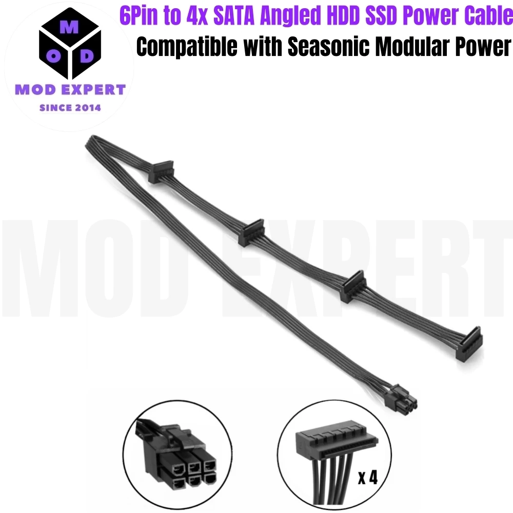 

6Pin to 4x SATA Angled, SSD HDD Power Cable for Seasonic PRIME 1600W, 1300W, 1200W, 1000W, 850W PLATINUM Modular Power, 18AWG