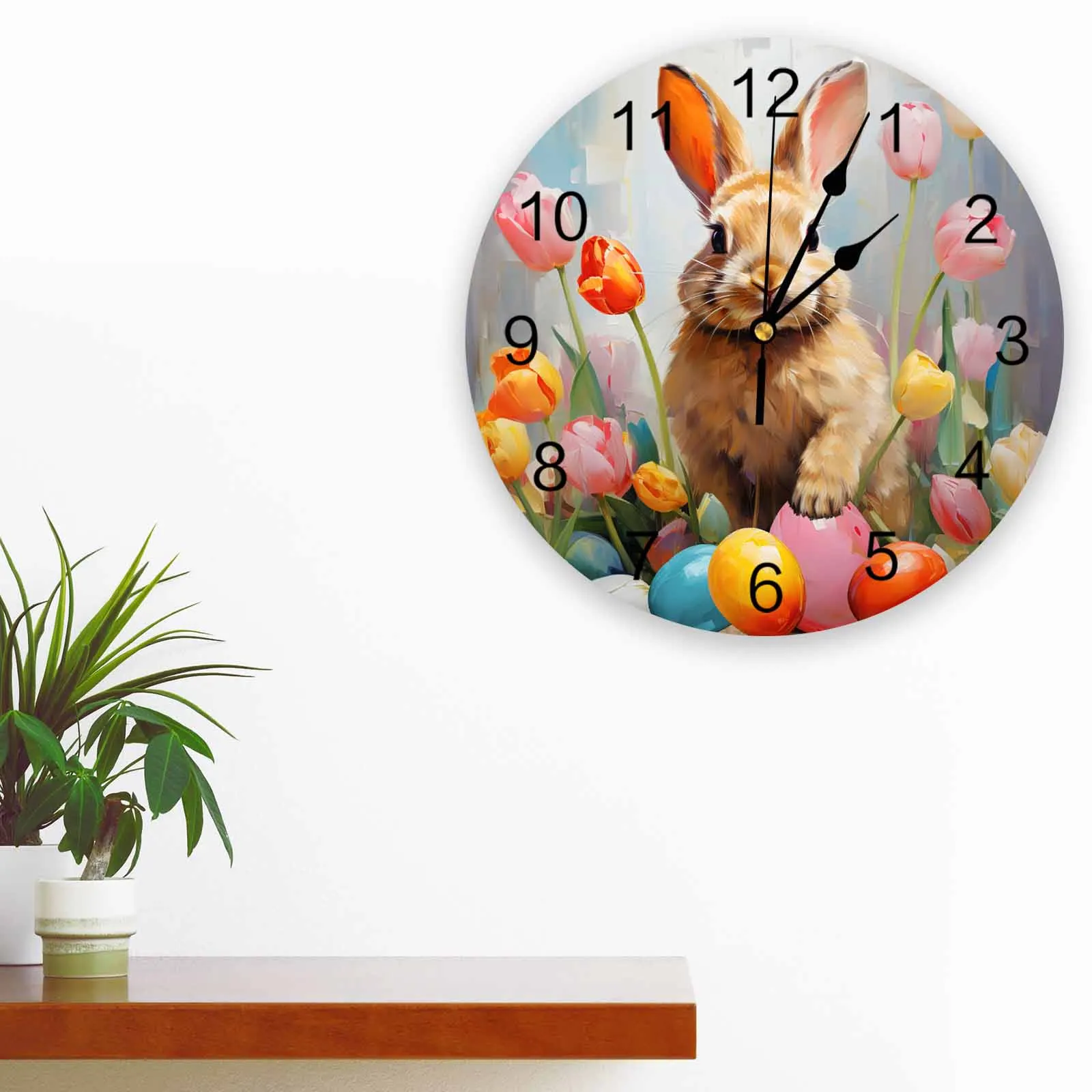 Easter Tulip Eggs Brown Rabbit Printed Wall Clock Modern Silent Clock Living Room Home Decor Wall Hanging Watch