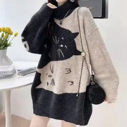 Women Clothing Thick Loose Pullovers Winter Vintage Chic Y2k Cartton Lazy Style Sweaters Thick Sweet Casual Knitwear