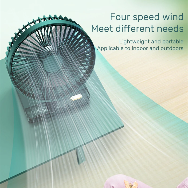 USB Desktop Fan with LED Clock & 3600mAh Battery, Auto 360° Oscillating, 3 Speeds, Quiet Portable, for Office Desk Bedroom Home