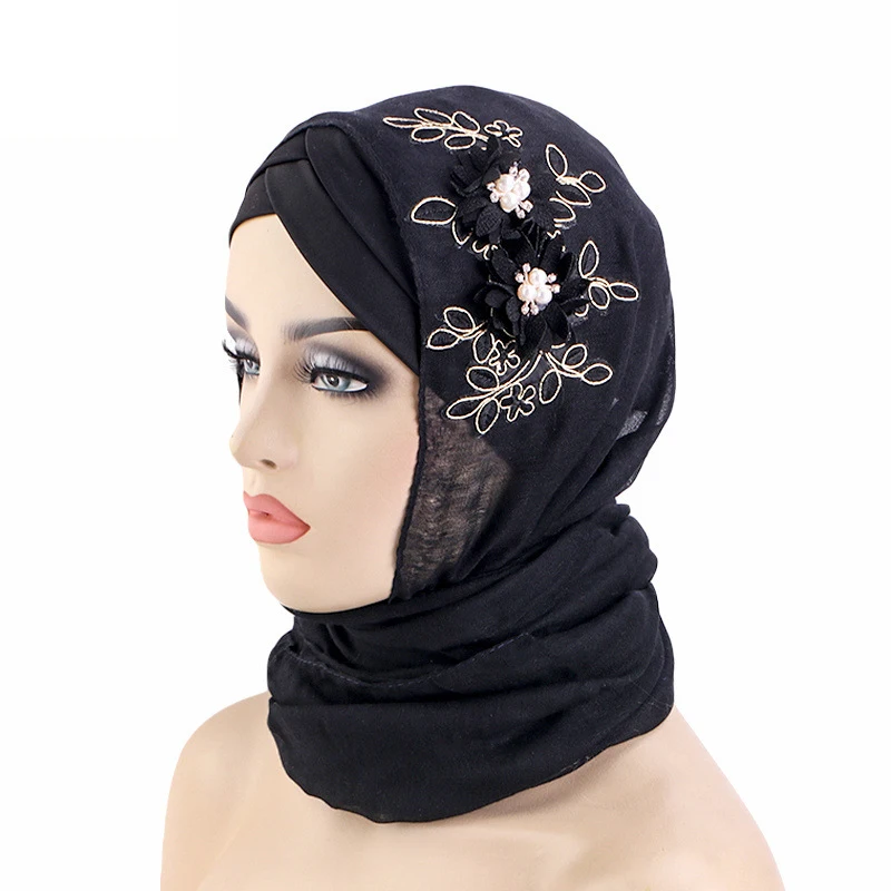 2pcs Muslim Women Flower Sequins Shawl Wrap With Hat Cap Underscarf Turban Islamic Beanies Bonnet Hijab Headscarf Bandanas Mujer