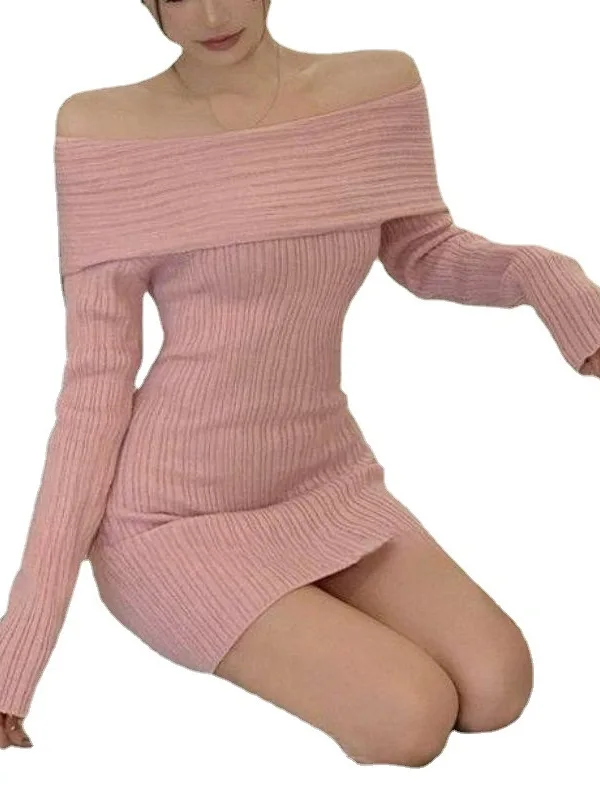 New One Shoulder Knitted Sweet Long Sleeve Slim Wrapped Hip Pink Dress Elegant Mature Sheer Charm Gentle Backless Fashion 1F0K