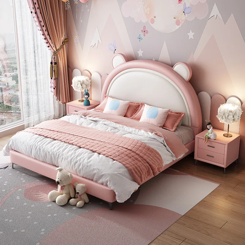 Children's Wooden Frame Bed with Soft Bag Backrest and Bear Head Design Boys Girls Leather Bed Modern Youth Anti-collision Bed