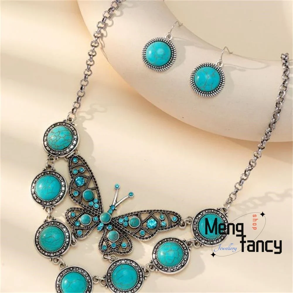 

Natural Retro Bohemian Retro Turquoise Butterfly Necklace Pendant Earring Western Style Exaggerated Fashion Luxury Fine Jewelry