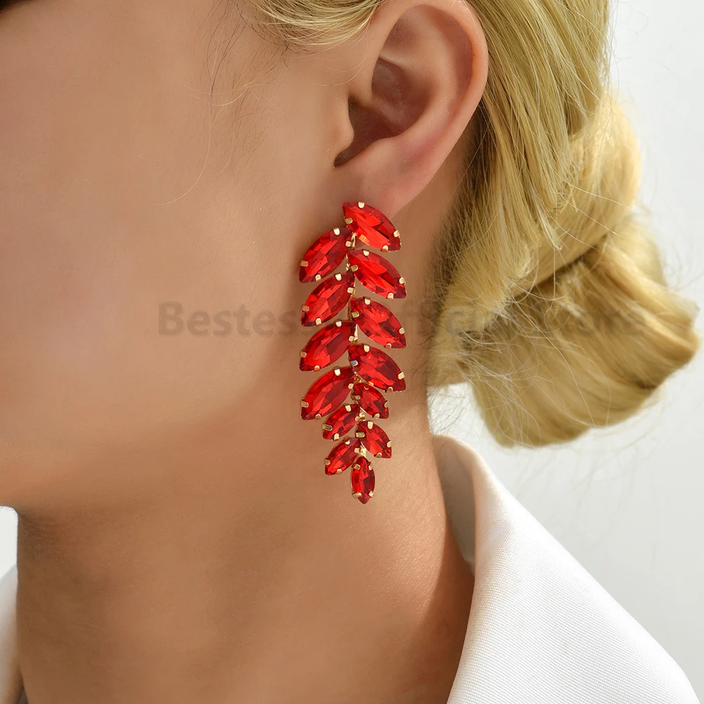 Vintage Long Drop Dangle Earrings For Women Maple Leaf Shaped Full Glass Crystal Trend Luxury Jewelry Bridal Wedding Accessories