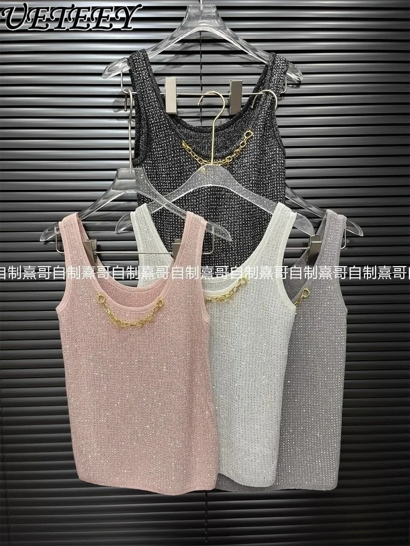

Heavy Sequin Tassel Round Neck Knitted Camisole Summer Versatile Vest Slim Fit Fashionable Age-Reducing Tank Tops for Women