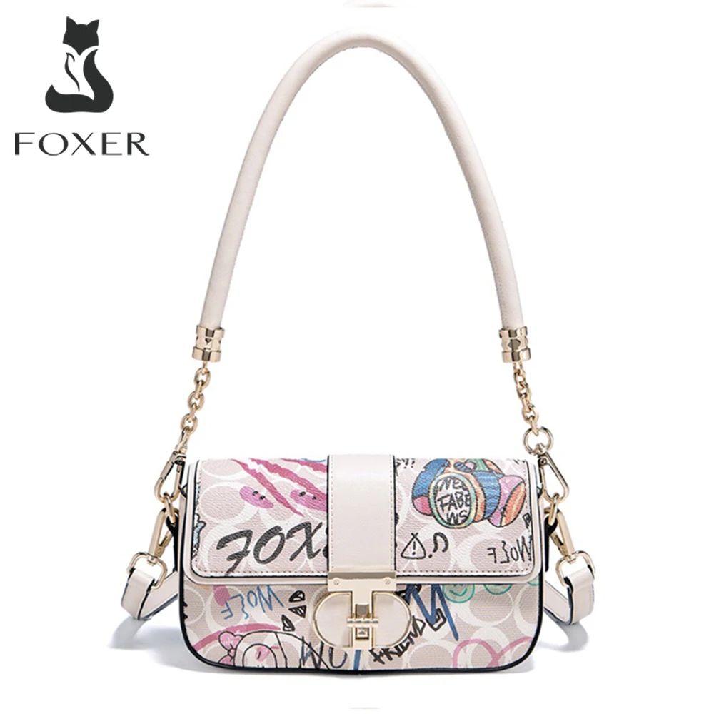 FOXER 2026 Modna Nowa Damska Torebka Pod Pachę ze Skóry PU z Graffiti, Damska Torebka na Ramię z Łańcuszkiem, Modny Niszowy Design, Torba Crossbody