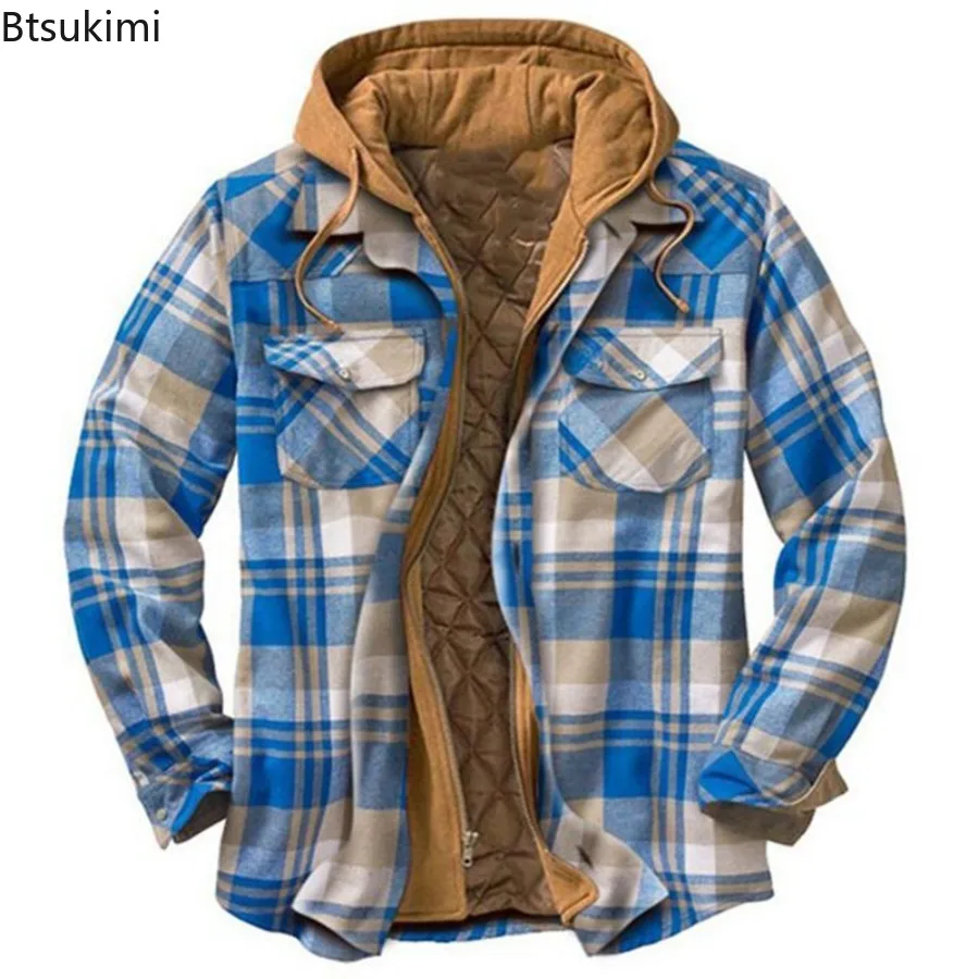 

2025 Men's Winter Printed Cotton Jackets Harajuku Plaid Shirts Coats Hooded Zipper Long Sleeve Basic Casual Shirts Jackets Male
