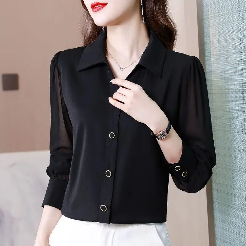 Women\'s Clothing Commute Solid Color Shirt All-match Polo-Neck Stylish Single-breasted 2023 New Spring Autumn Long Sleeve Blouse