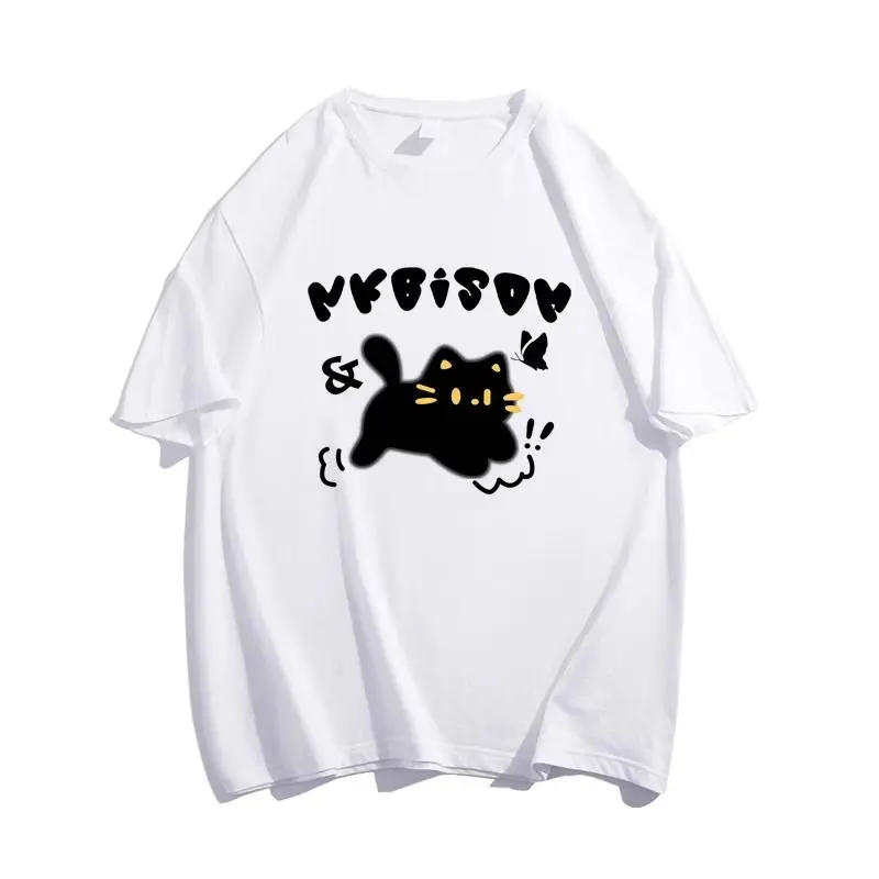 Pure cotton army green Korean version retro cartoon cat short sleeved T-shirt for women summer chic loose casual top T-shirt y2k