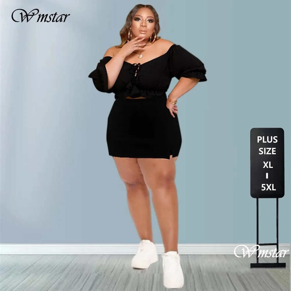 

Wmstar Plus Size Sets 2 Piece Outfits Women Mini Skirts Sets Crop Top Young Style Elegant Solid Matching Wholesale Dropshipping