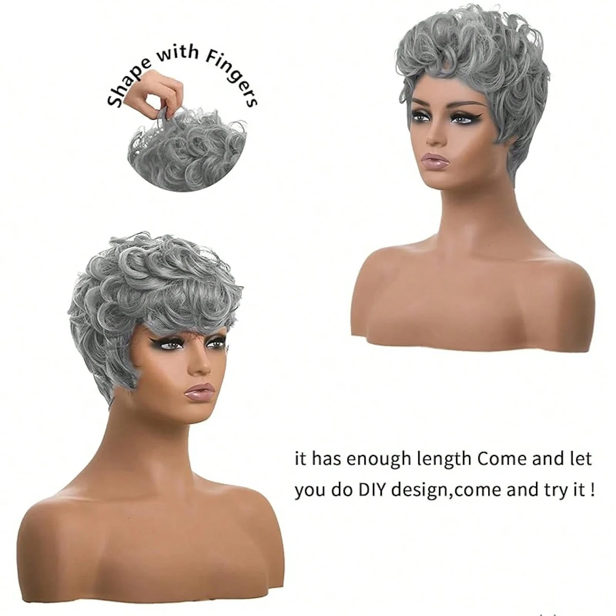 Perucas curtas de pixie curto cinza encaracolado pixie perucas de cabelo sintético natural ondulado cinza pixie corte peruca curta encaracolado em camadas peruca pixie