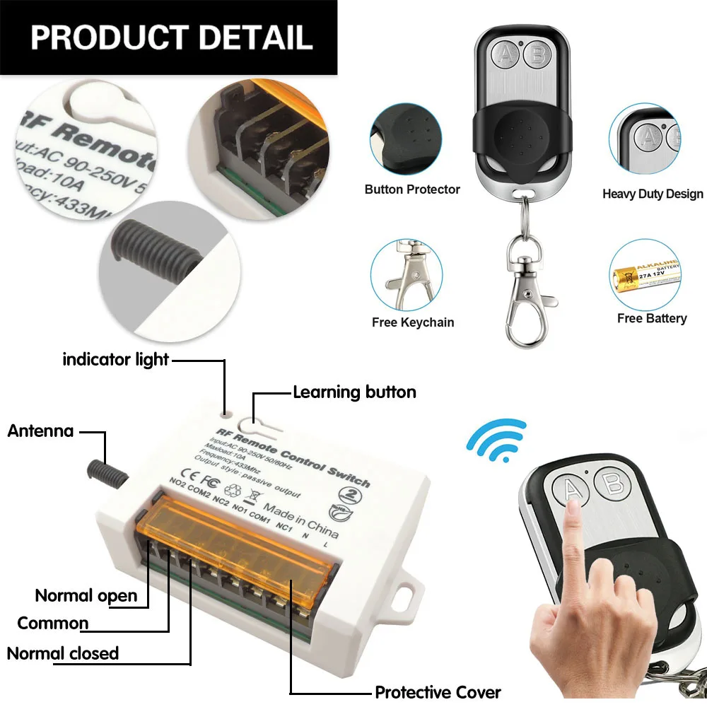 433mhz Rf Wireless Remote Control Switch AC 220V 2CH Garage Door Relay Receiver Lighting Controller and 2 Button Transmitter