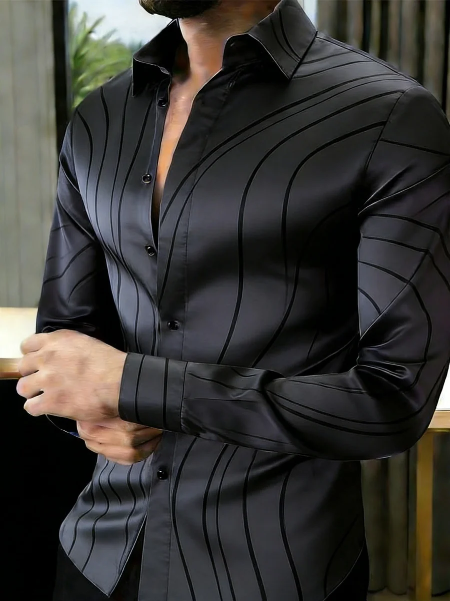 Men's Geometric Pattern Wave Abstract Art Shirt, Business Casual Vacation Long Sleeve Collar Button-Up Shirt