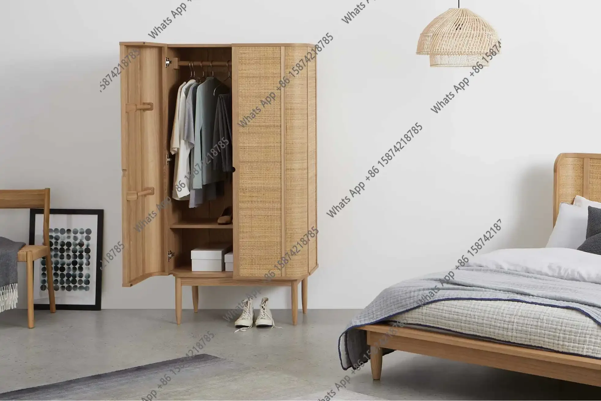 A  Retro Wardrobe Rattan Solid Wood  Small Apartment Bedroom Double Door Log Old Storage