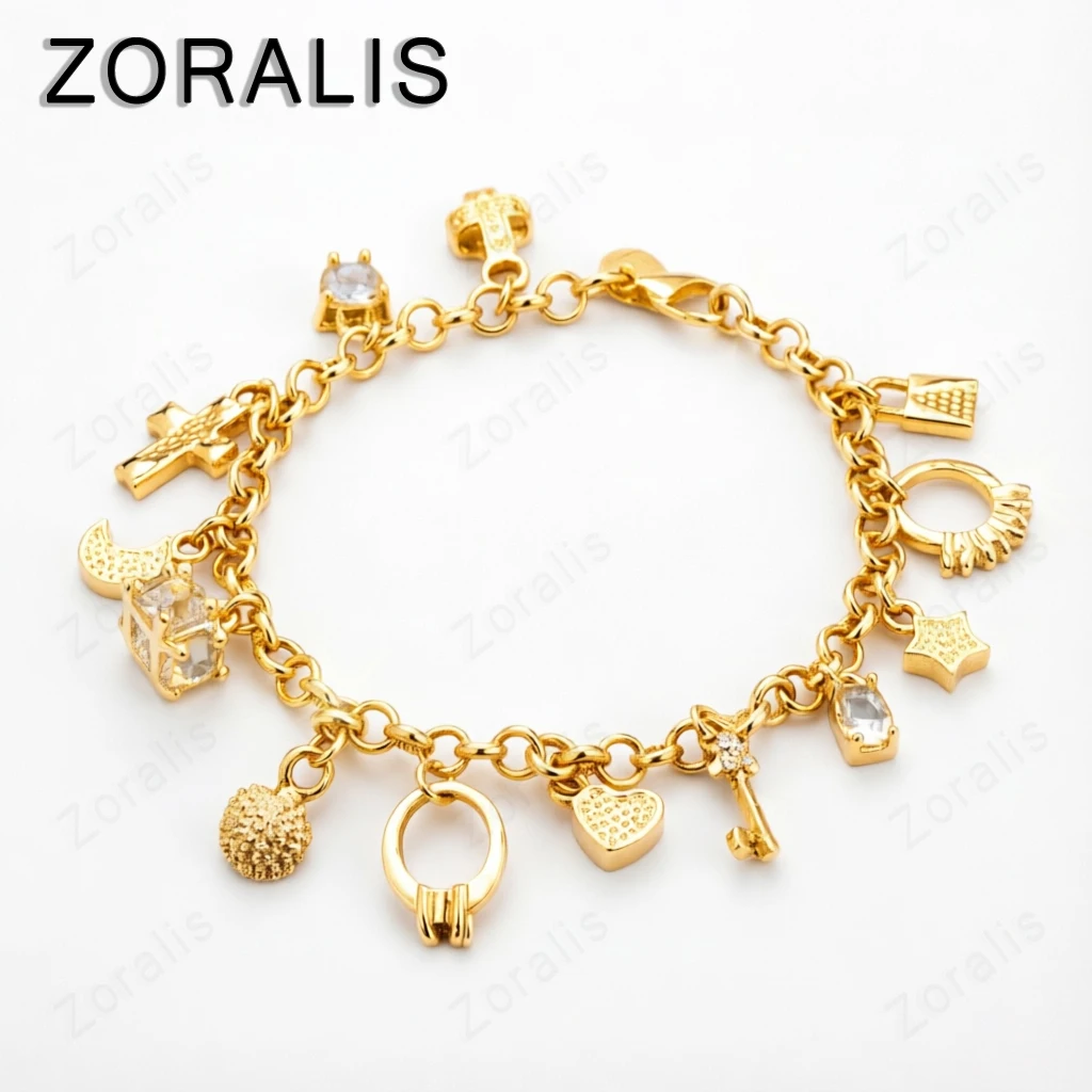 18K Gold Moon Heart Lock Cross Ring Bracelet For Women Party Wedding Birthday Gift Lady Fashion Charm Jewelry