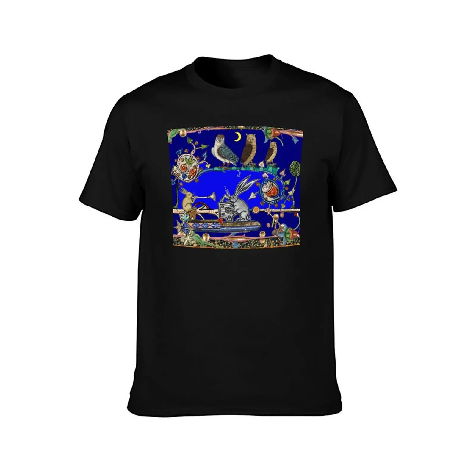 WEIRD MEDIEVAL BESTIARY MAKING MUSIC, Three Owls And Night Concert of Rabbits T-Shirt man t shirt graphic T-Shirt