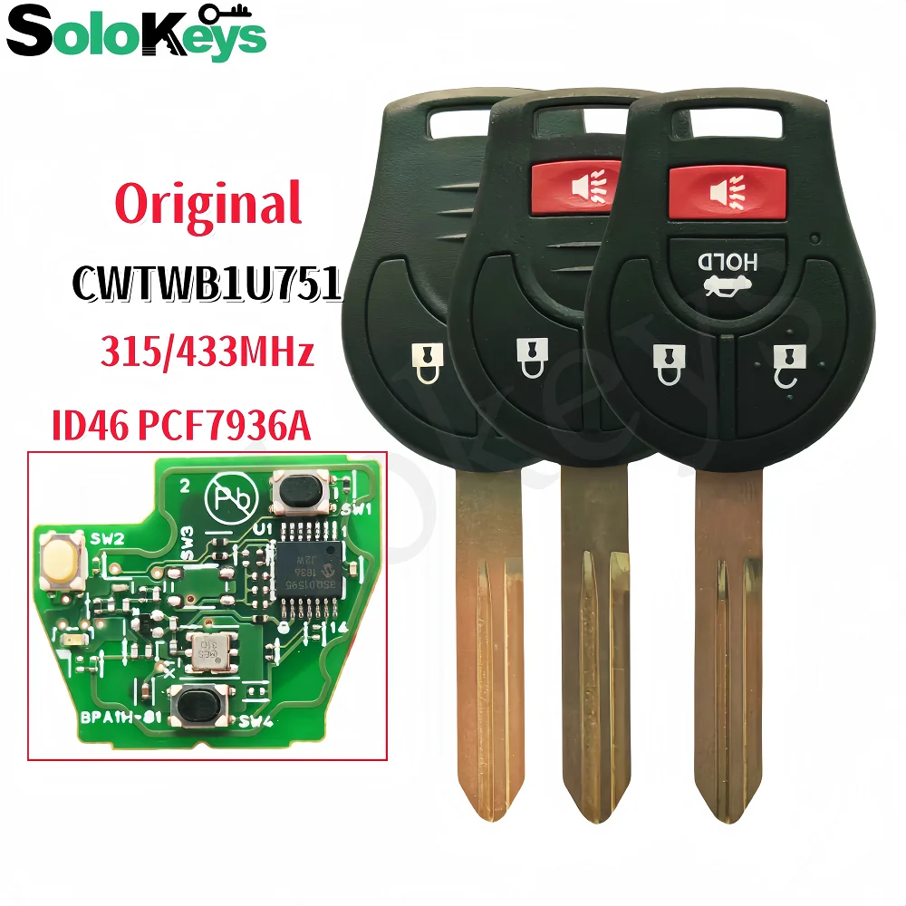 SOLOKEYS CWTWB1U751 Original Remote Control Key Nissan Cube Juke Rogue NV Versa Note NV200 Sentra 315/433MHz ID46 PCF7936A Chip