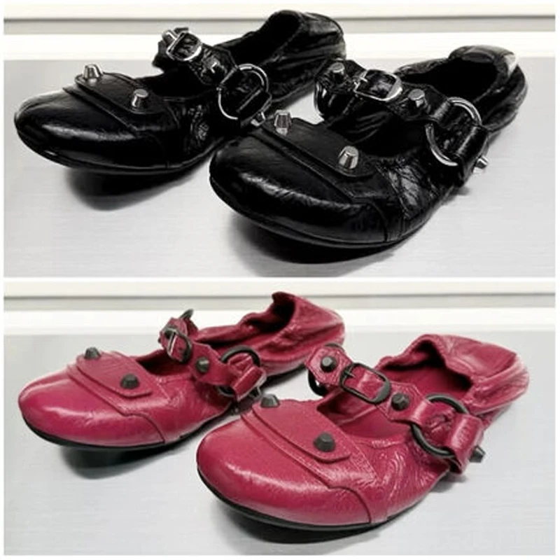 Black Punk Rivet Buckles Strap Flats Ballet Shoes Woman Summer 2026 Round Toe Slip On Mary Janes Flat Shoes Walking Footwear
