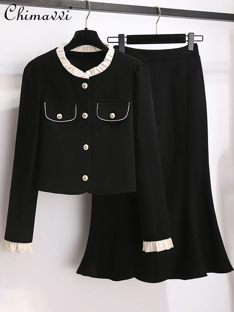 

French Elegant Commuter Skirt Sets Ruffle Collar Long Sleeve Top High Waist Sheath Fishtail Skirt Two Piece Sets Women Outifits