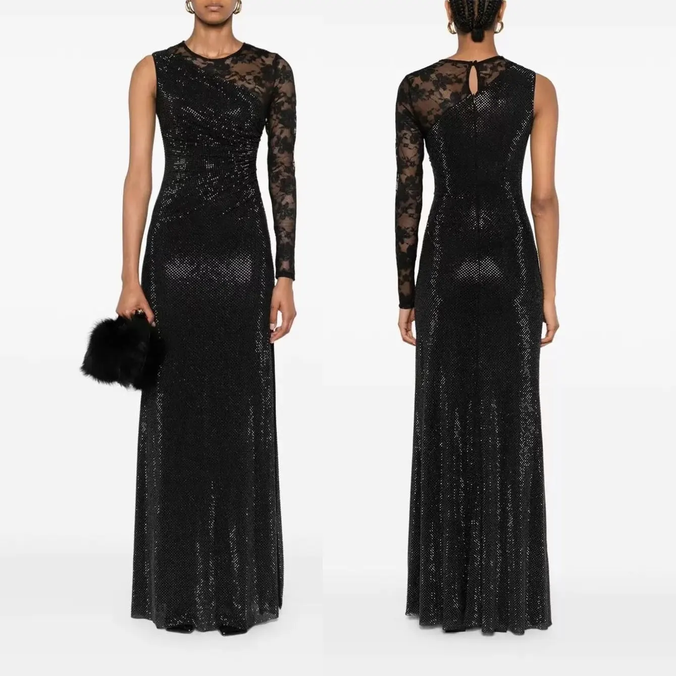 Women Lace patchwork rhinestone long dress Asymmetric sleeves fashion slit luxury party maxi dress