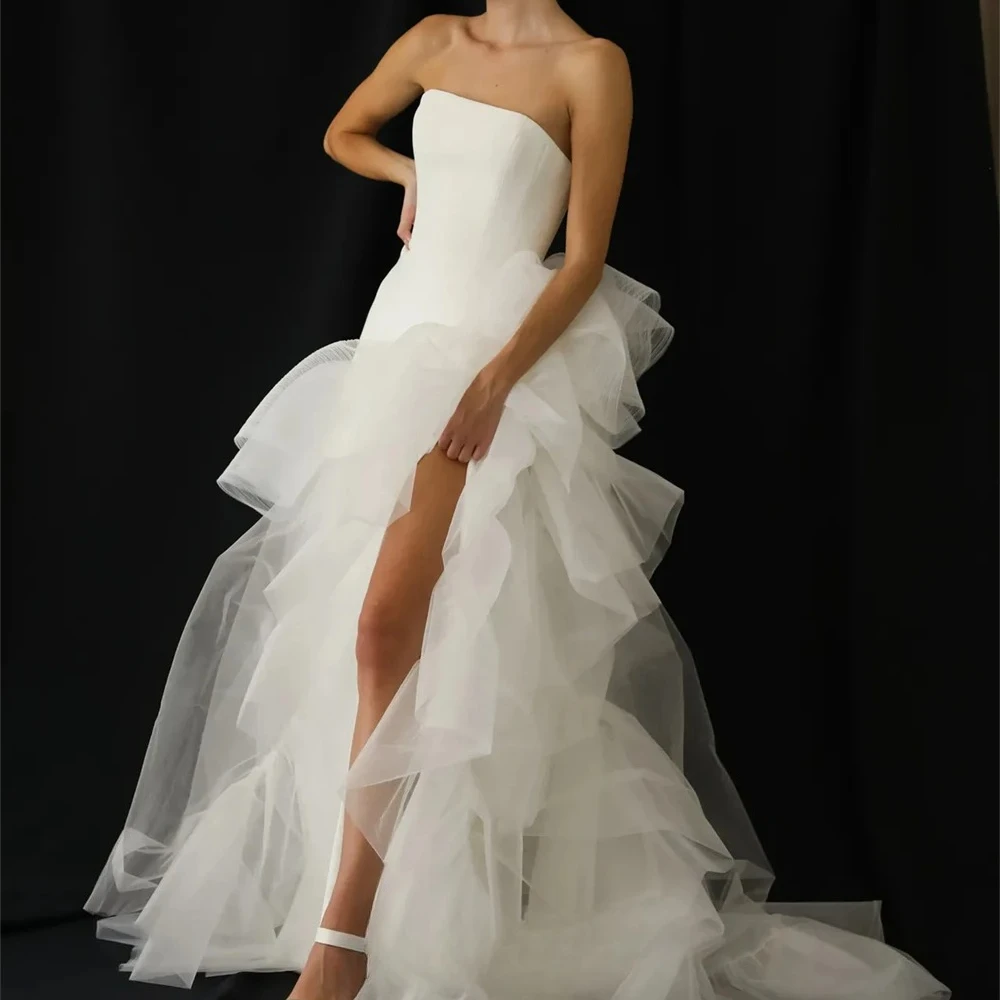 Customized Strapless Tulle Bridal Attire Multi Ruffled Puffy Layers Deep Backless High Slit Modern Romantic Wedding Outfit