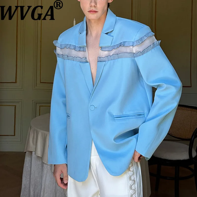 WVGA Spring Autumn New Men Tide Lace Patchwork Trendy Design Long Sleeve Blazer Niche Chic Casual High-end Suit Coats Ins W17872