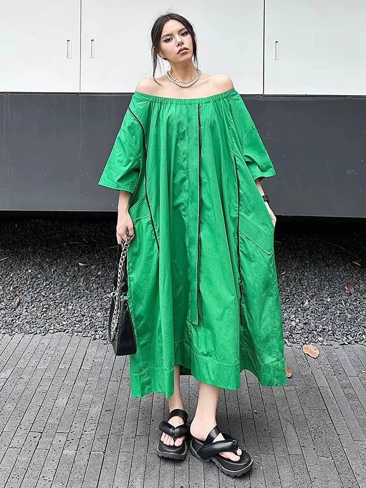 

Women Green Zipper Color-block Big Size Midi Dress New Round Neck Half Sleeve Fashion Tide Spring Summer 2024 1DH5468