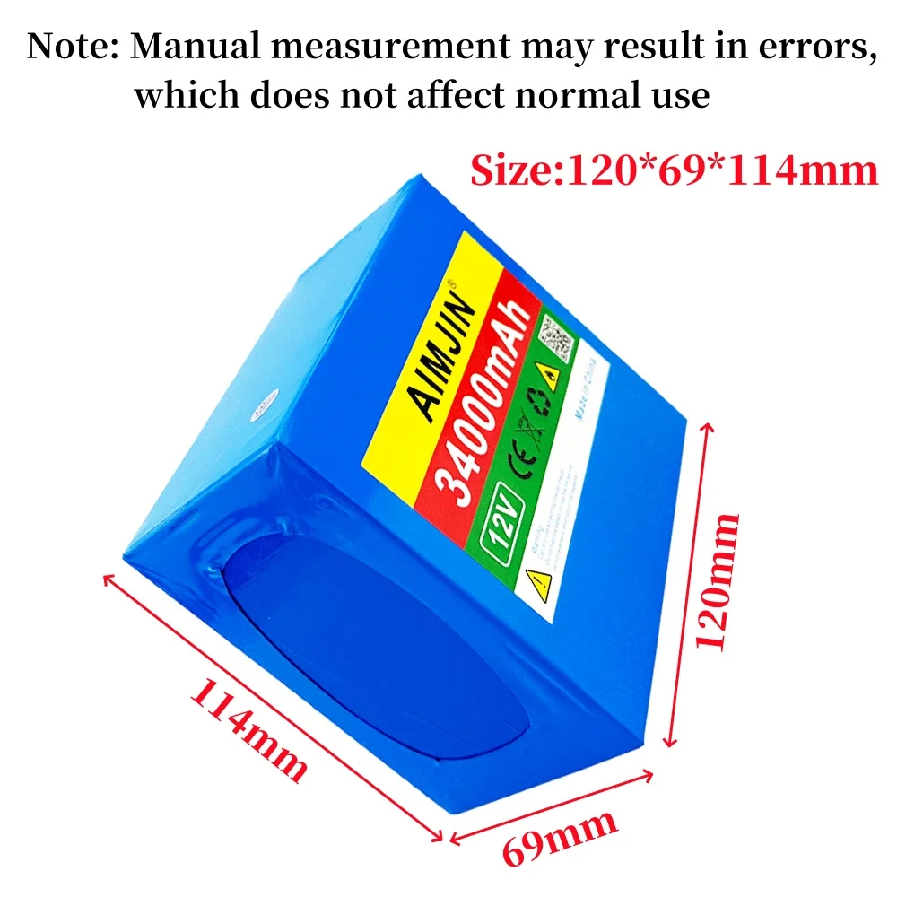 12V 34Ah 3S12P 12.6V 34000mAh High-power Lithium Battery Pack for Inverter Xenon Lamp Solar Street Light With 12.6V 3A Charger