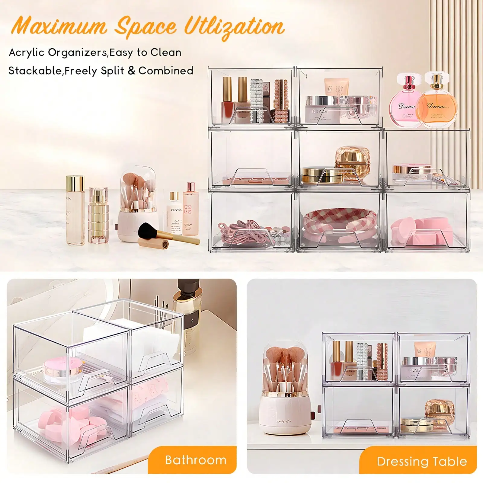 2/4 Pack Stackable Makeup Organizer with Drawers, Clear Acrylic Cosmetic Storage Bins, 4.4