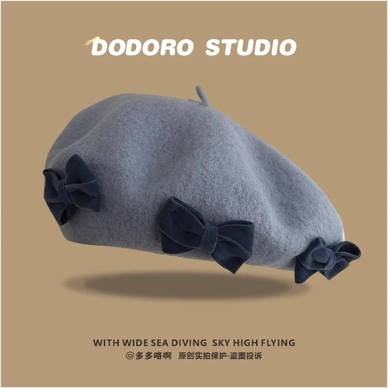 

Японские шерстяные береты с милым бантом для женщин, осенне-зимняя теплая универсальная шляпа для путешествий, маленькая литературная шляпа художника