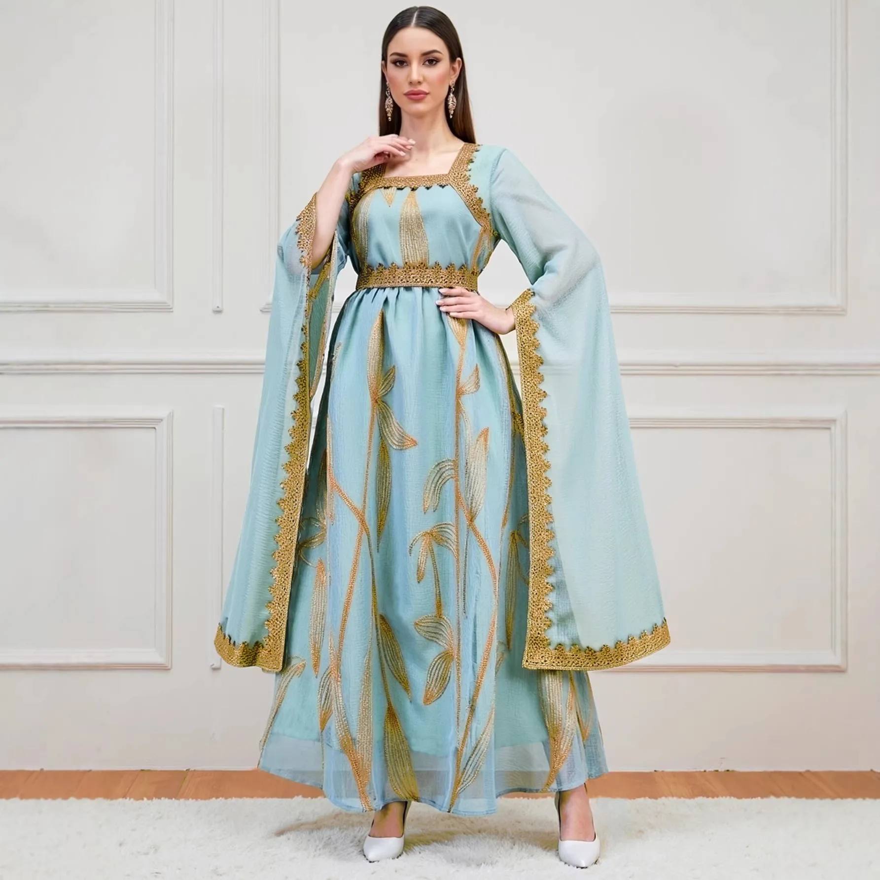 Muslim New Fashion European American Women's Elegant Luxury Casual Trendy Loose Square Neck Dresses Female Embroidered Abaya