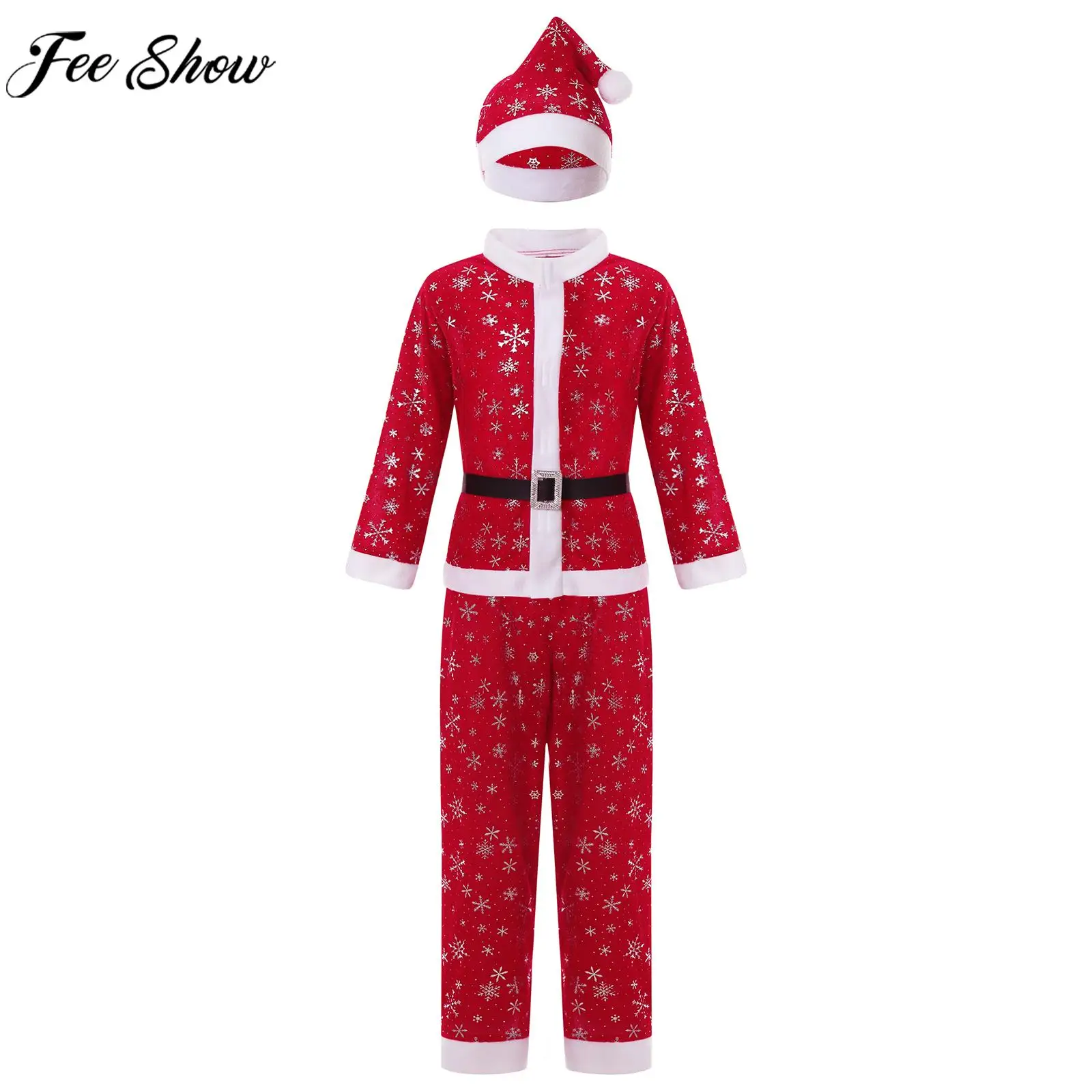 

Baby Kids Boys Christmas New Year Party Santa Claus Cosplay Costume Long Sleeve Snowflake Print Tops Pants with Belt Hat Outfits