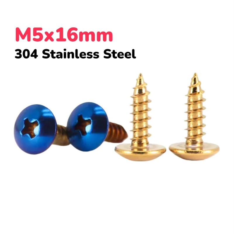 M5x16mm 304 Stainless Steel Titanium Blue/Gold Large Pan Head Self Tapping Screws for Motorcycle Modification Decorative Bolt