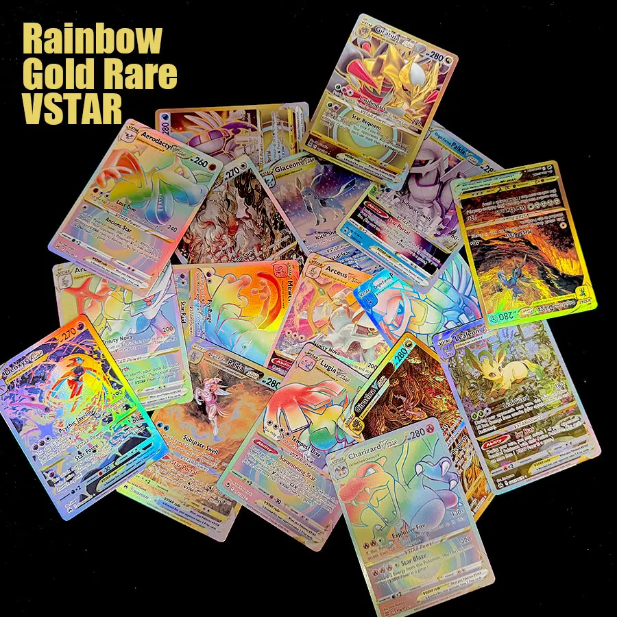 PKM Rainbow Secret Rare & Gold Rare VSTAR Proxy Game Cards Bundle | Multi-Type Full Art Holographic Replica Collectible Display