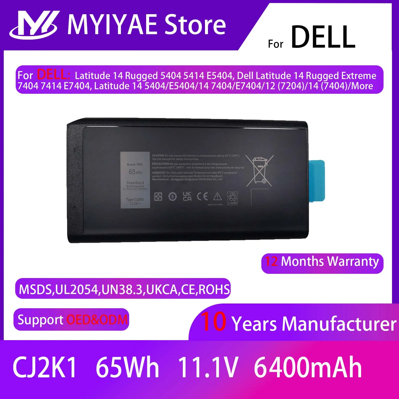 65Wh CJ2K1 4XKN5 Laptop Battery Replacement for Dell Latitude 14 Rugged 5404 5414 E5404 7404 7414 E7404 Series P45G P46G X8VWF