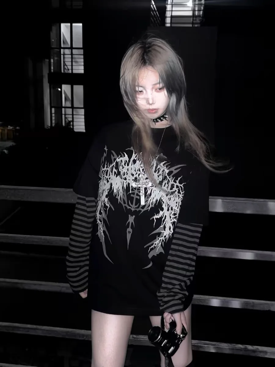 Gothic Punk Y2K Millennium Trendy Girl Abi Printed Long Sve T-irt Women's Street Sle round Ne Casual Top