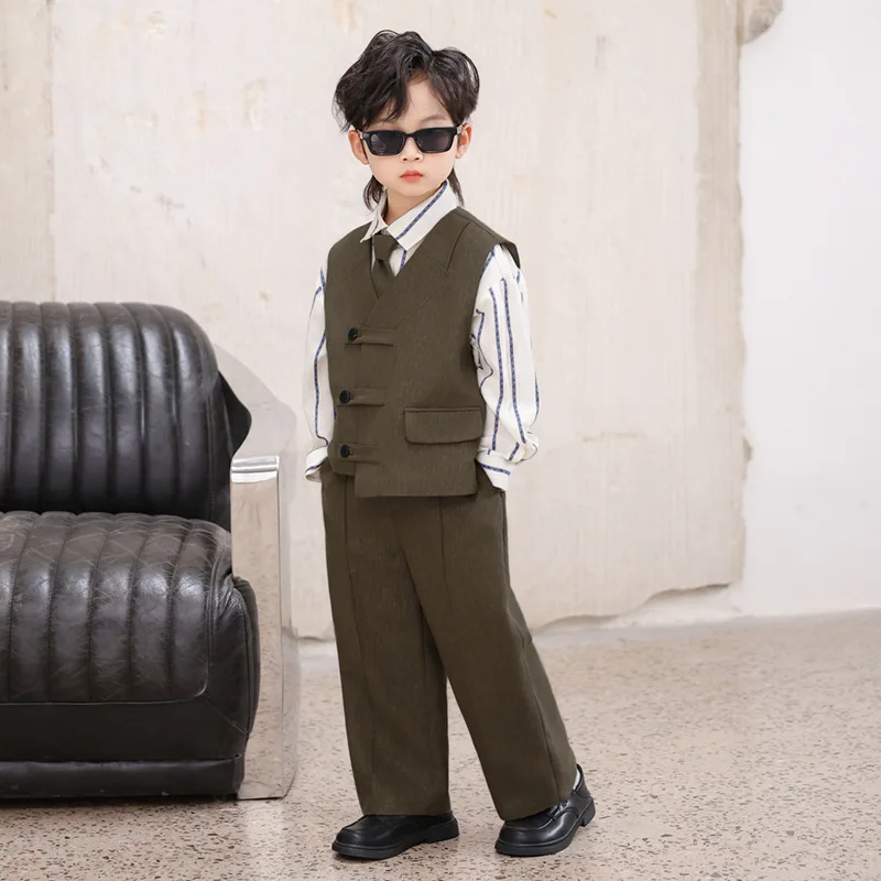 New Boys' Suit Vest Set British Style Children's Formal Wear Host Speech Outfit Flower Boy Stage Performance Costume