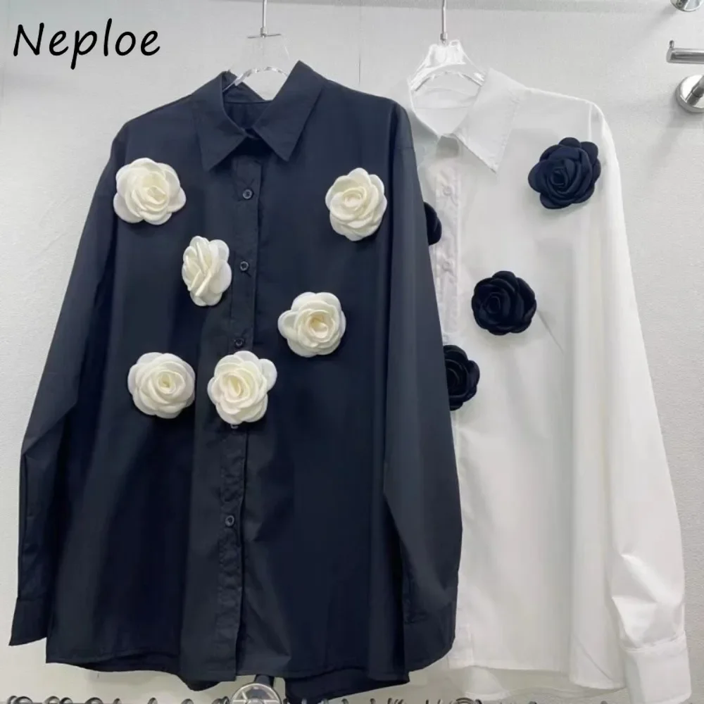 Neploe Casual Turn-down Collar Long Sleeve Solid Shirt Single Breasted 3D Flower All-match Bluouses Women Fresh Elegant New Tops