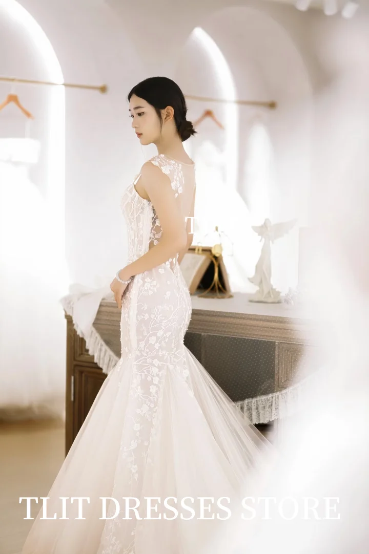 TLIT Elegant Lace Mermaid Wedding Dresses Customized Spaghetti Strap Bridal Korea Wedding Dress Photo Shoot Strapless Dresses