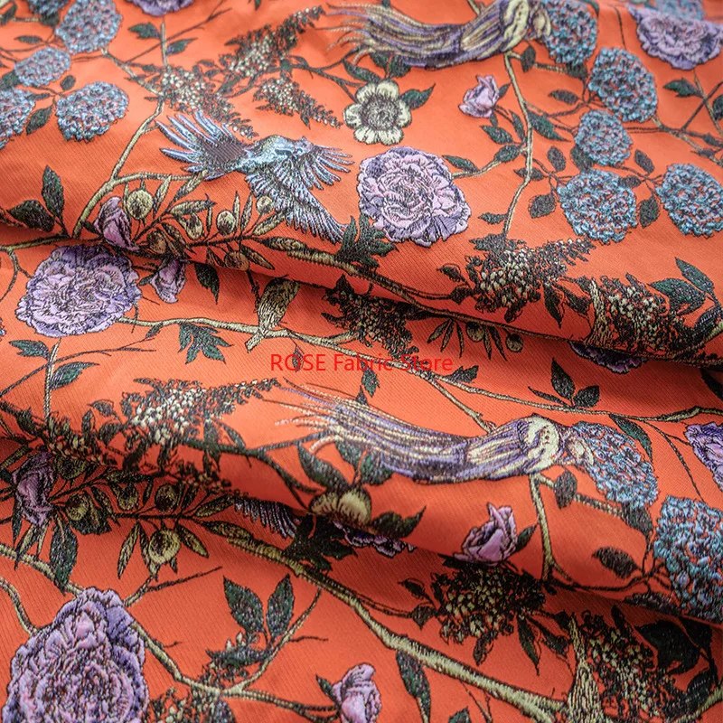 1 Meter Bright Orange Flower and Bird Yarn Dyed Jacquard Fabric Oil Painting Style Women's Floral Dress Diy Sewing Fabric