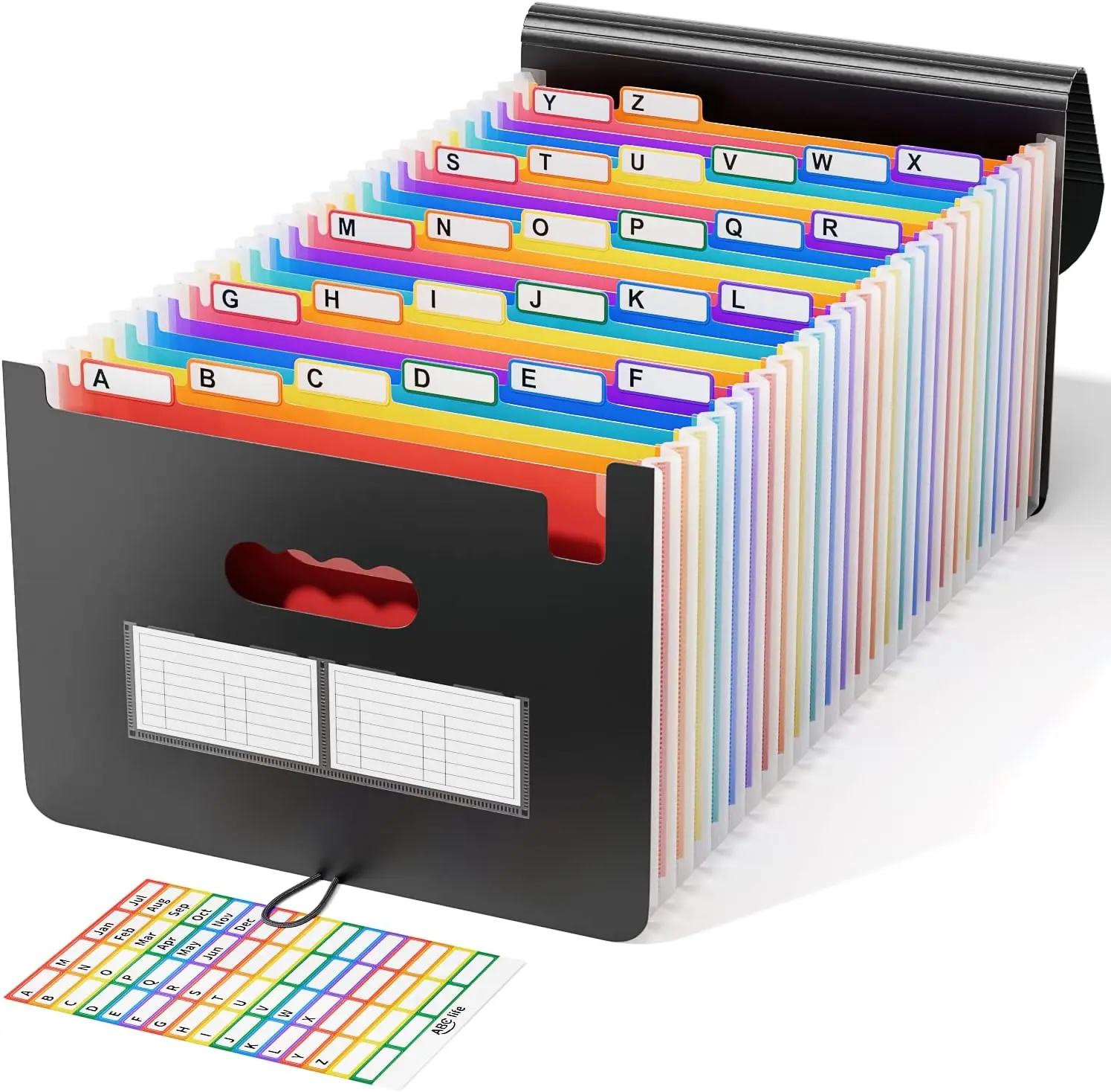 

26-pocket accordion-style document organizer with colorful AZ tags, suitable for storing A4 paper documents.